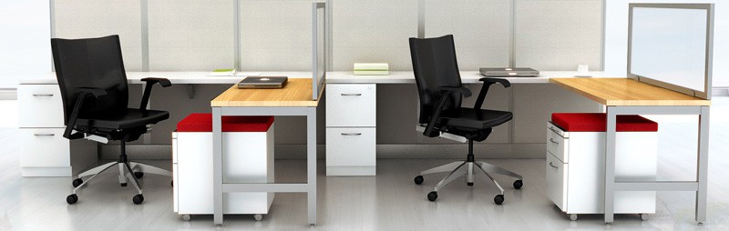 Office configuration showing both under-worksurface File/File pedestals and mobile cushion-top Box/File pedestals