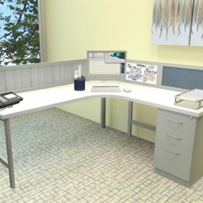 L-shaped desk with fabric screens
