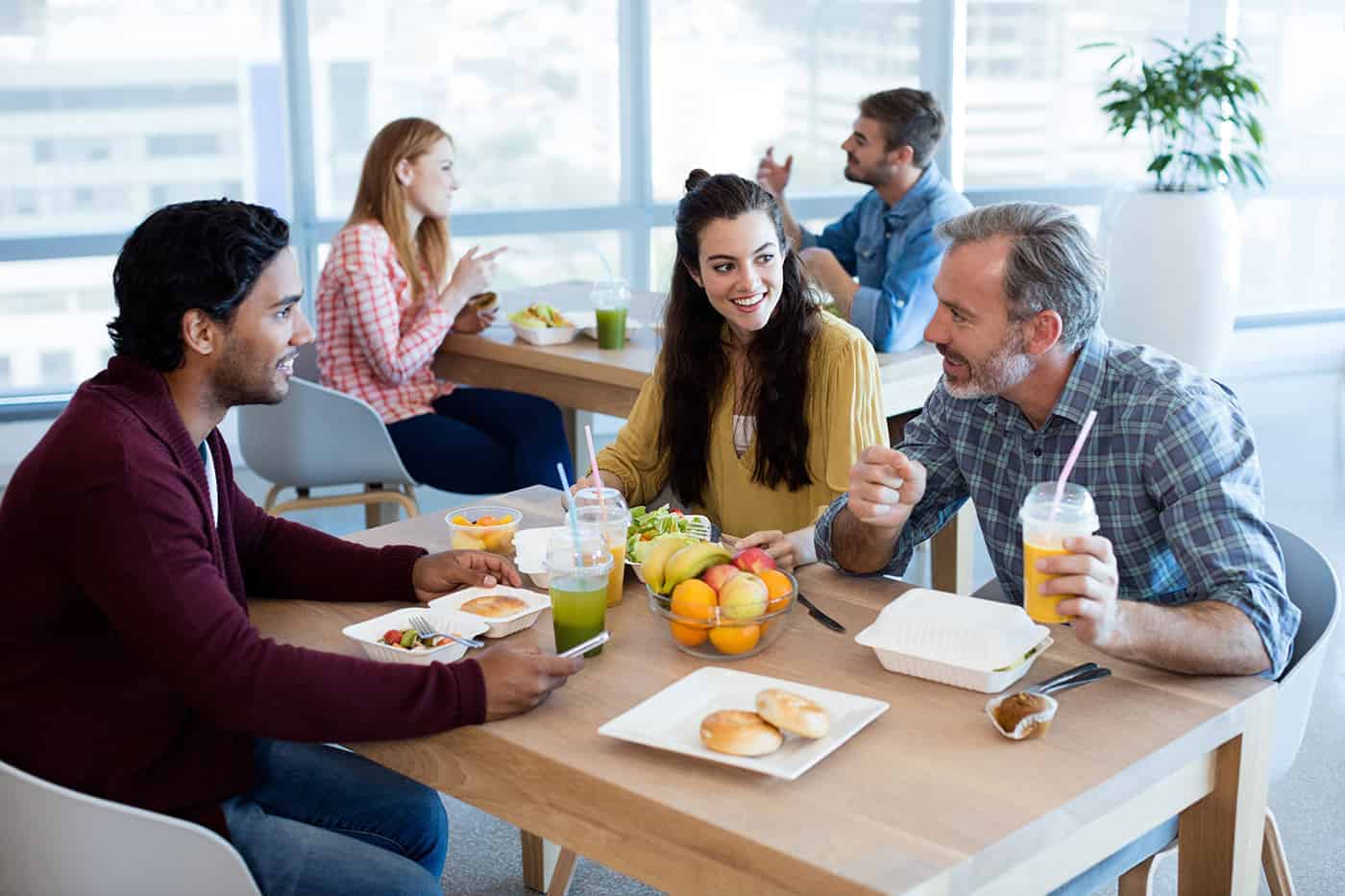 Open floor workplace dining area, communication, high employee morale