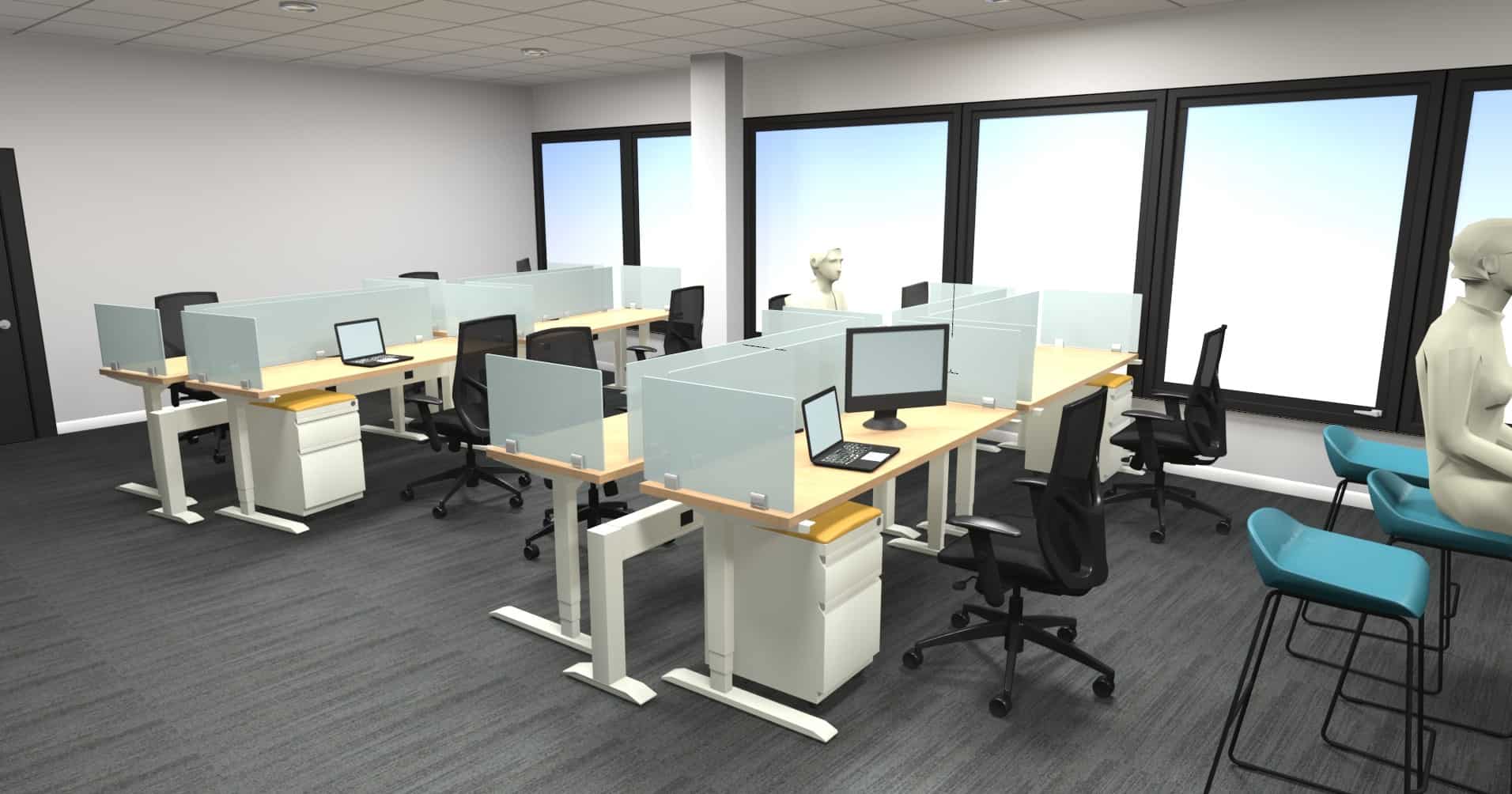 height adjustable benching with screens
